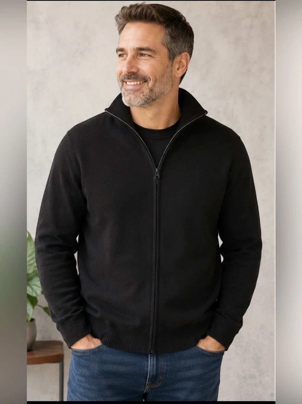 jf j.ferrar Black Full-Zip Ribbed Collar Sweater